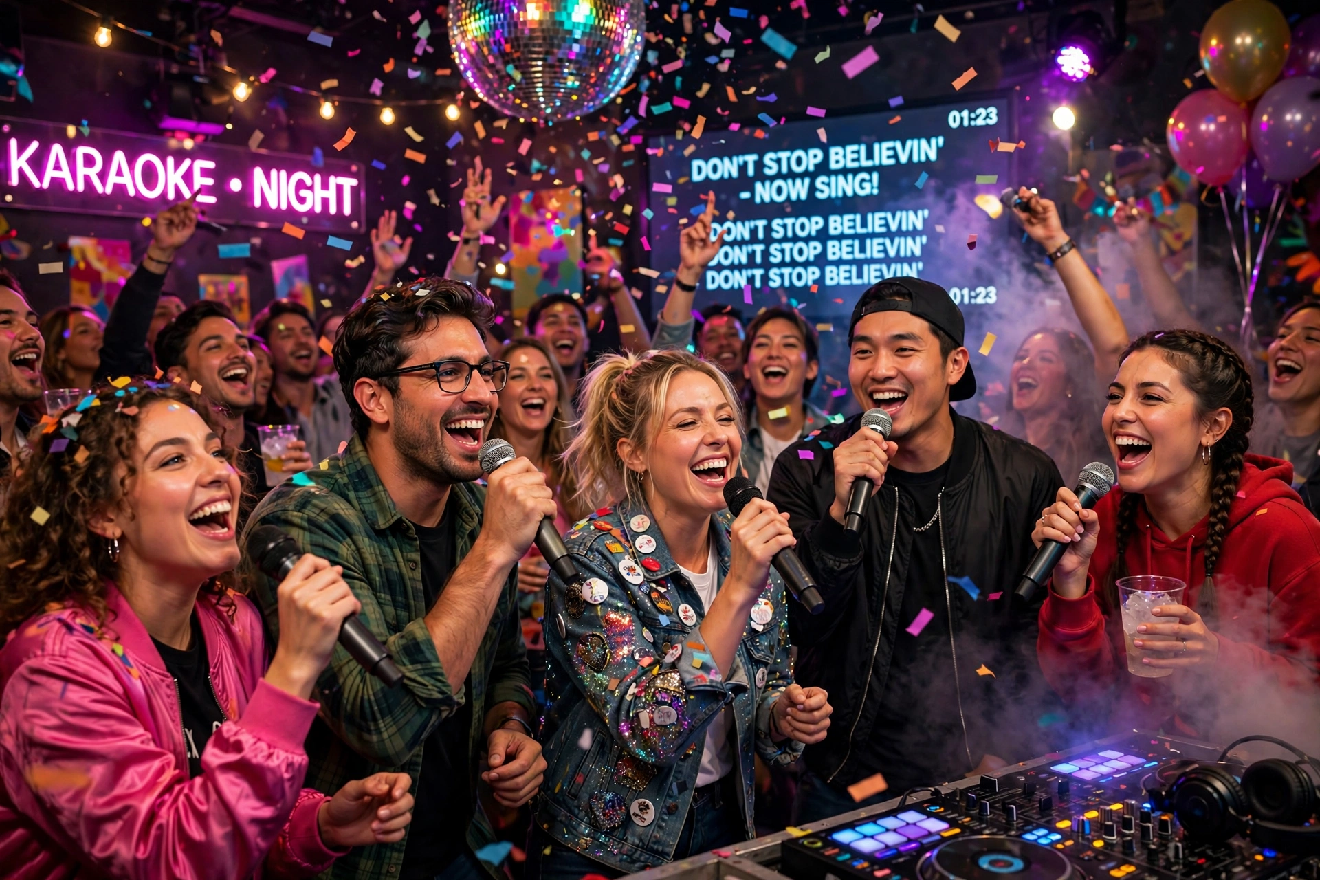 Energetic karaoke party with crowd singing